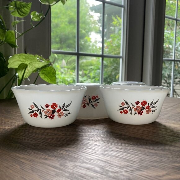 4 FIRE KING Primrose Custard Cups Ramekins, 1960s, Floral #424, Limited edition - Picture 5 of 12
